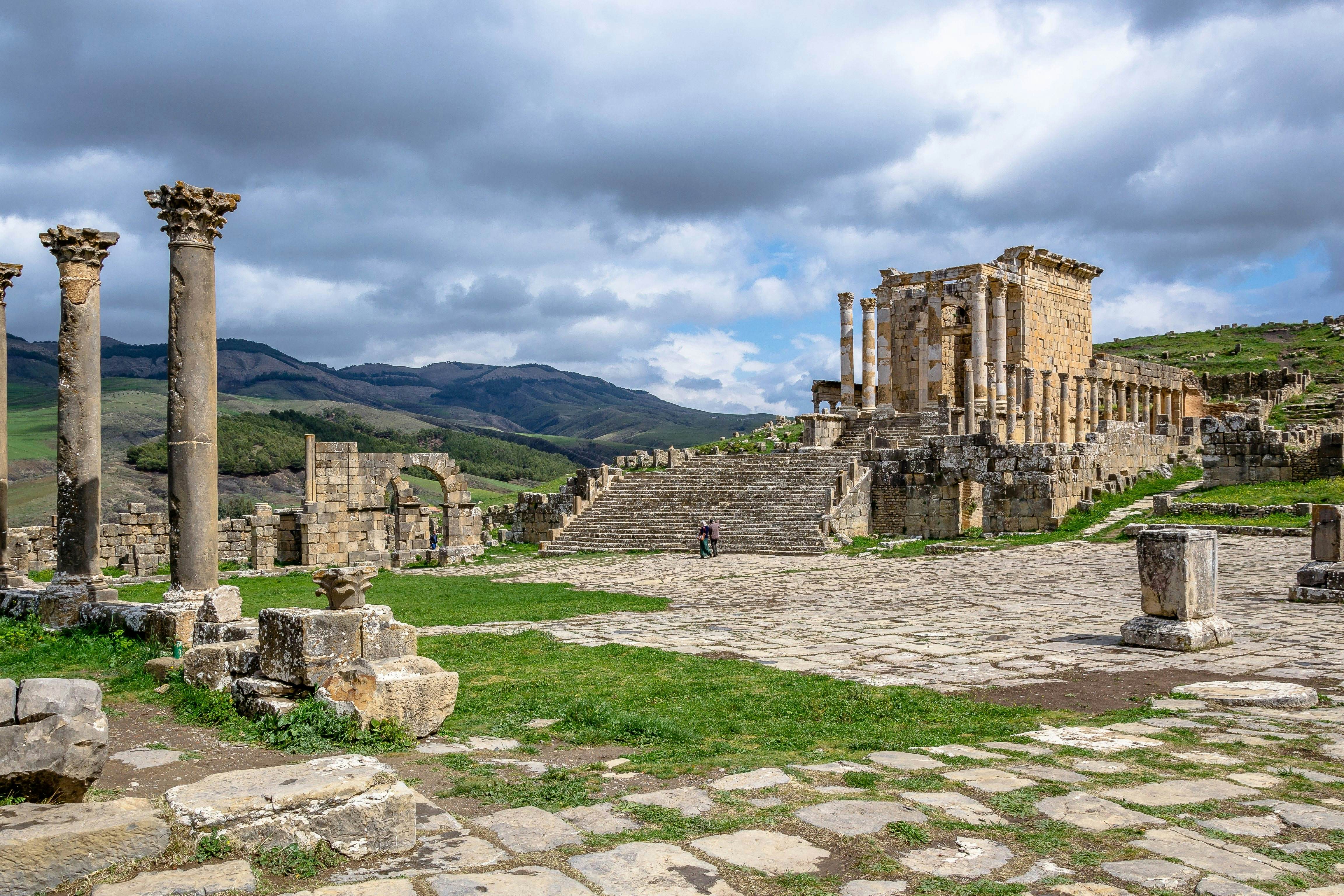 View of the Septimian Temple at the Djemila archeological site in Algeria.